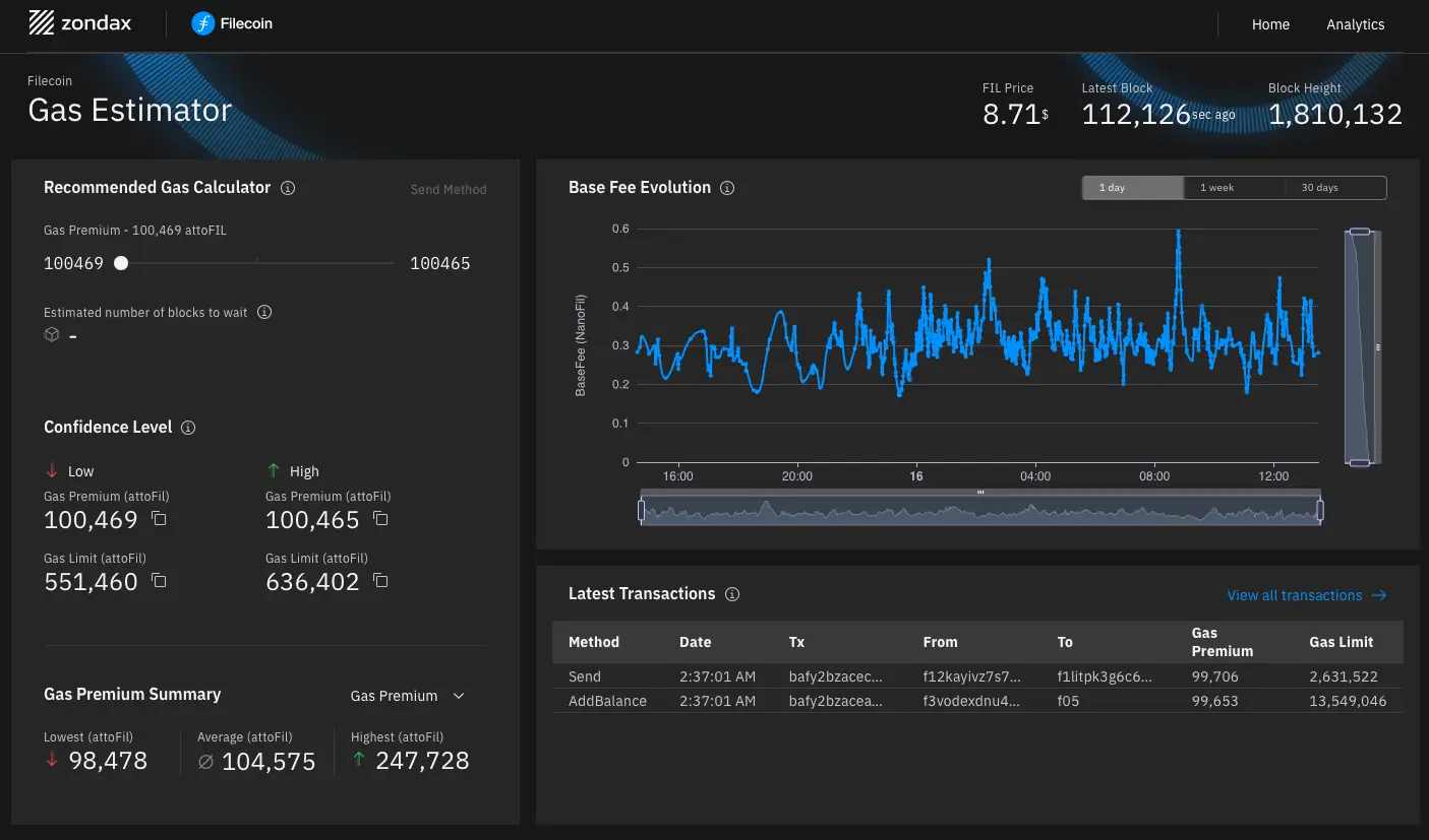 Filecoin Gas Estimator Home Page